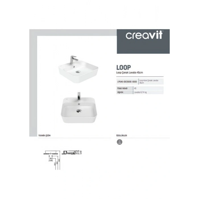 Creavit Loop Kare Beyaz Delikli Lavabo 45 Cm LP046