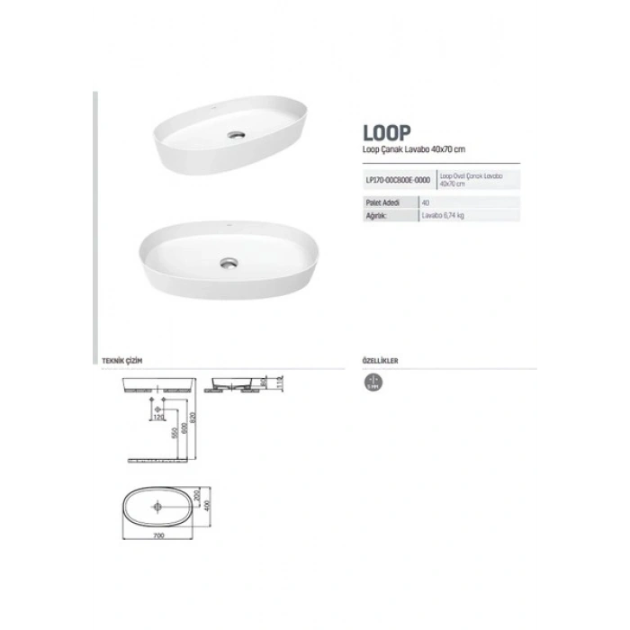 Creavit Loop Oval Beyaz Deliksiz Lavabo 70 Cm LP170