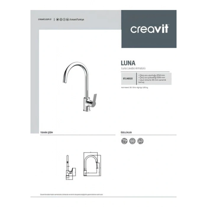Creavit Luna Batarya Seti 3lü Banyo - Lavabo - Evye