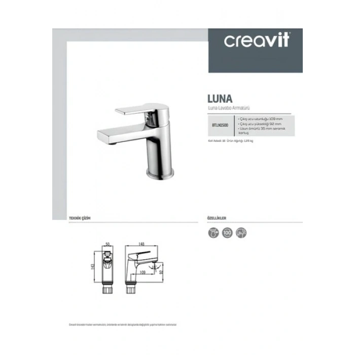 Creavit Luna Batarya Seti 3lü Banyo - Lavabo - Evye