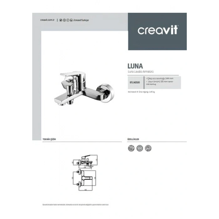 Creavit Luna Batarya Seti 3lü Banyo - Lavabo - Evye