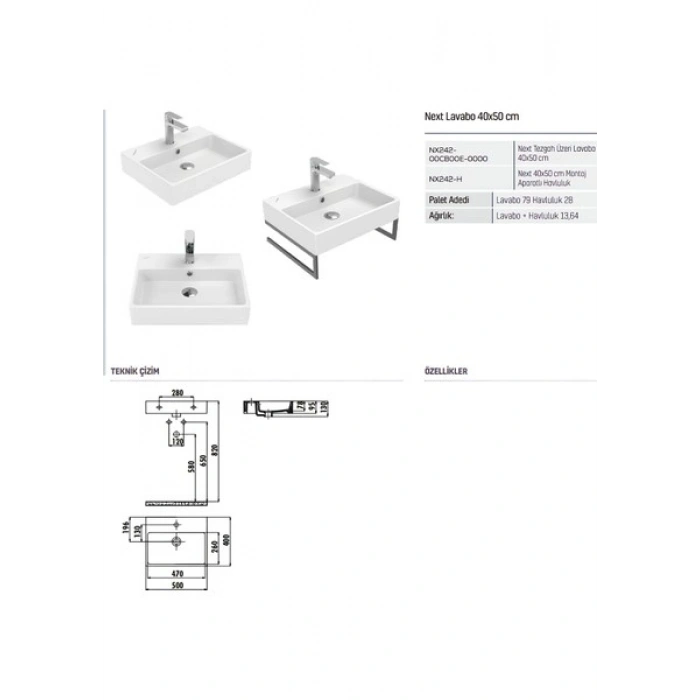 Creavit Next Kare Beyaz Delikli Lavabo 40x50 Cm NX242
