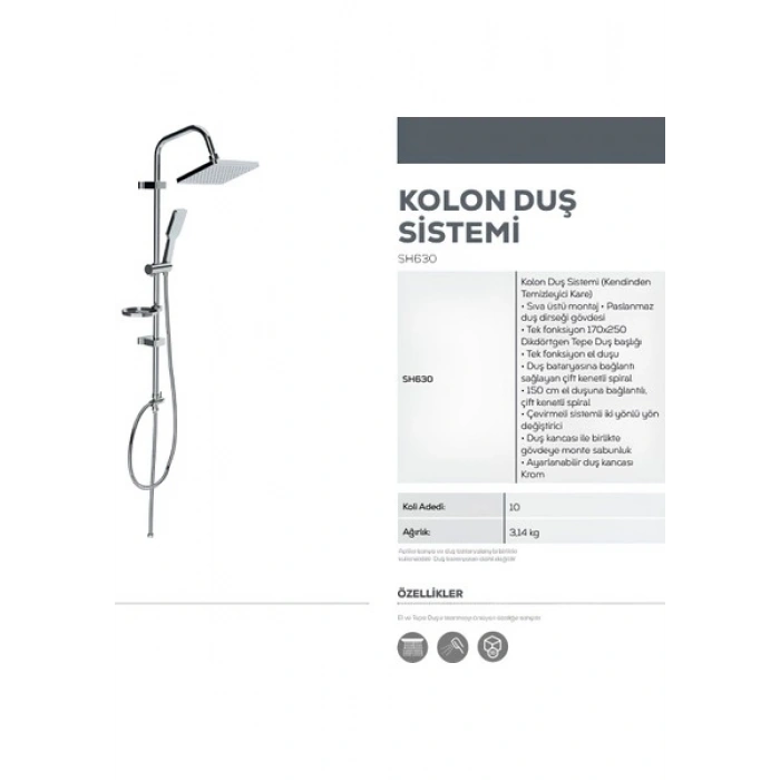 Creavit SH630 Tepe Duş Sistemi Kendinden Temizleyicili (Kare)