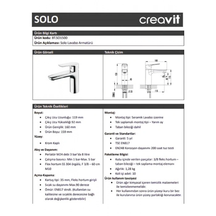 Creavit Solo Krom Lavabo Bataryası SO1500
