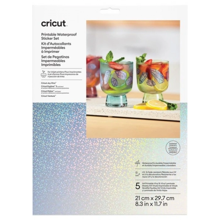 CRICUT 2011890 YAZDIRILABİLİR SUYA DAYANIKLI TRANSPARAN HOLOGRAFİK ÇIKARTMA SETİ - A4 - 5 SAYFA
