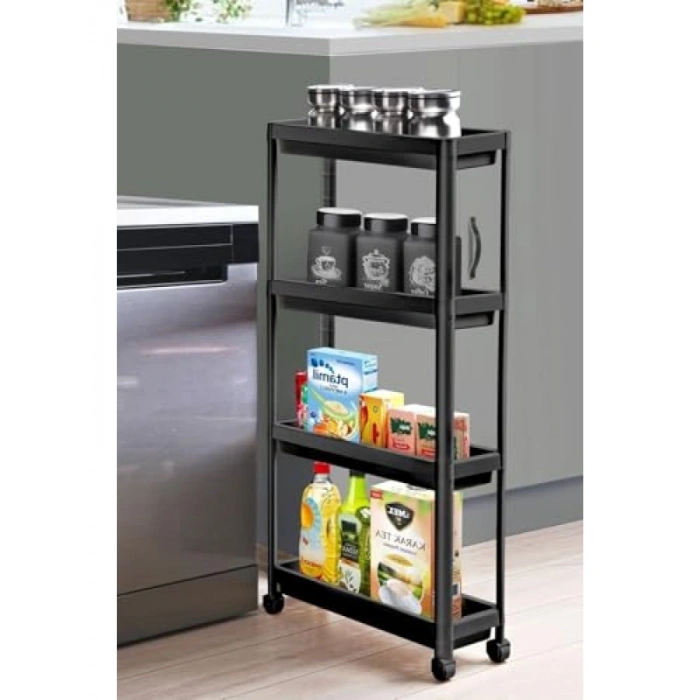 Dar Alanlar İçin 4 Katlı Tekerlekli Mutfak ve Banyo Rafı - Siyah