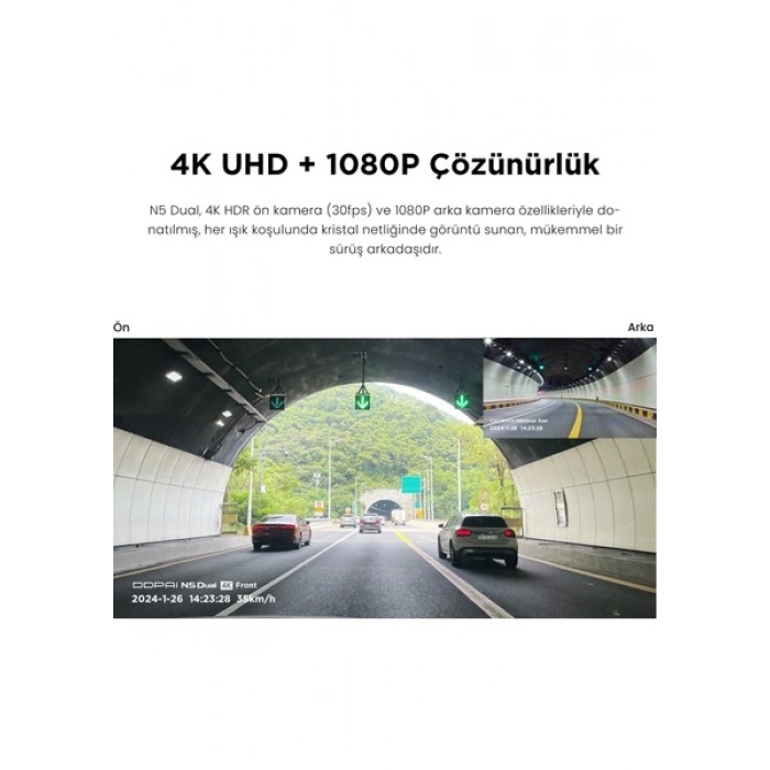 DDPAI N5 Dual 4K Araç İçi Kamera Siyah Hareketli Görüş Açısı ve Gece Görüş Özellikli