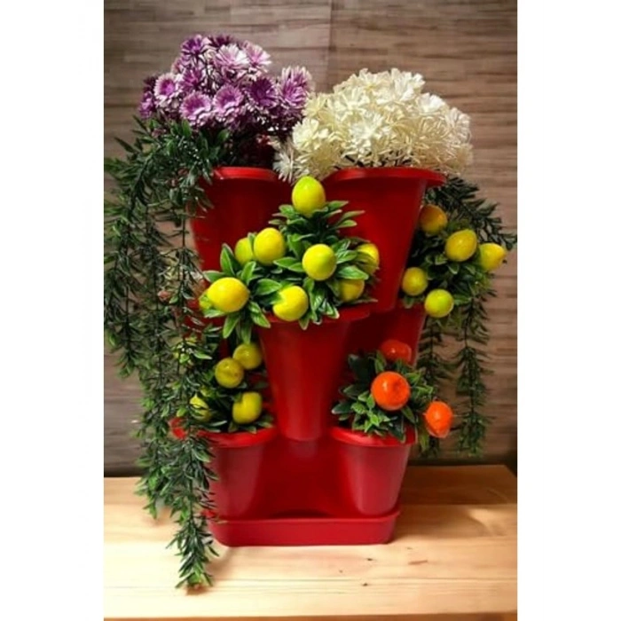 Dekoratif 3 Katlı Saksı Seti, 26.5 x 26.5 cm Ölçülerinde, Kırmızı Renk