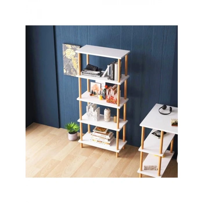 Dekoratif Ahşap Ayaklı Kitaplık, 5 Raflı