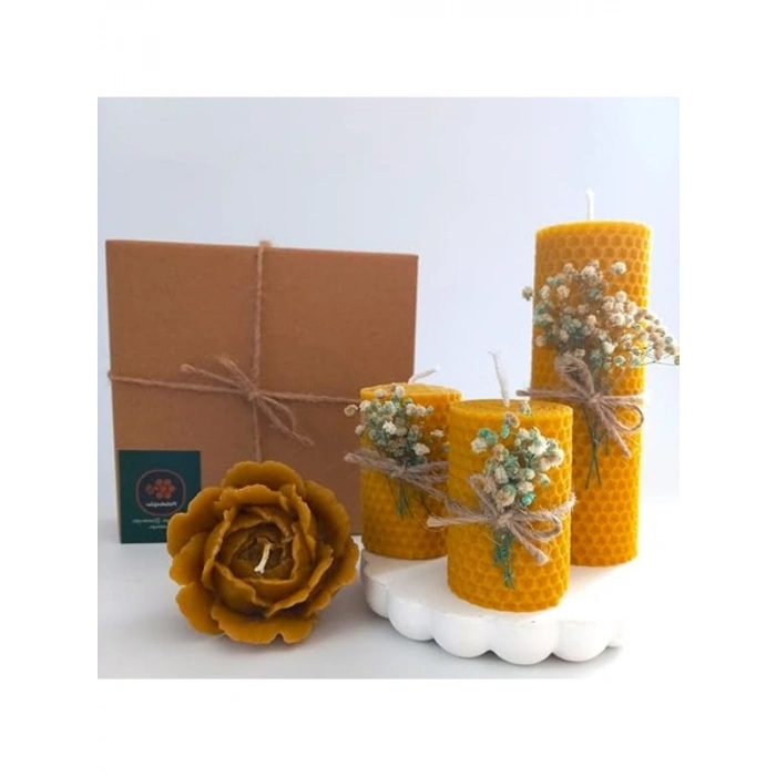 Dekoratif Balmumu Mum Hediye Kutusu, 4 Lü Set, Yeşil Krem Süslemeli