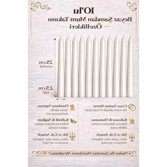 Dekoratif Beyaz Şamdan Mum Seti - 10lu Paket, 25 cm