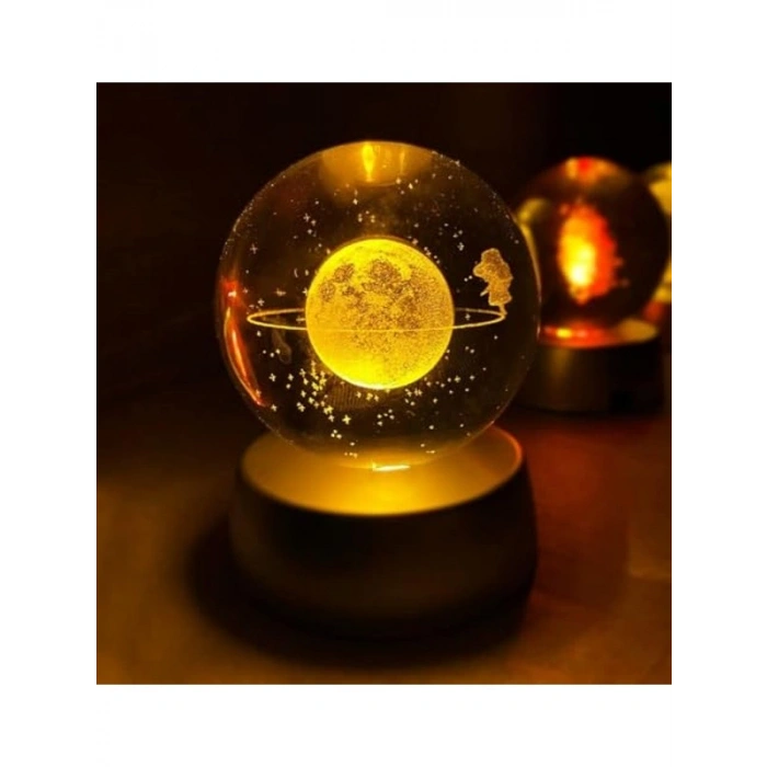 Dekoratif Gece Lambası, Işıklı Cam Küre, 6x6 cm, Satürn Motifi