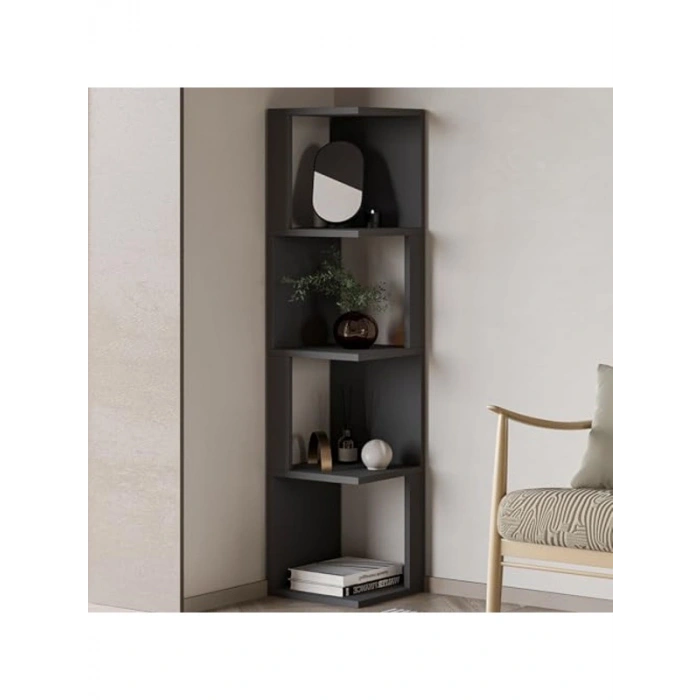 Dekoratif Köşe Kitaplık, Modern Antrasit Raf Ünitesi