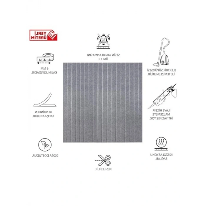 Dekoratif Lambiri Keçe Paneli - 45x90 cm, 2 Adet, 0,81 m² Gri