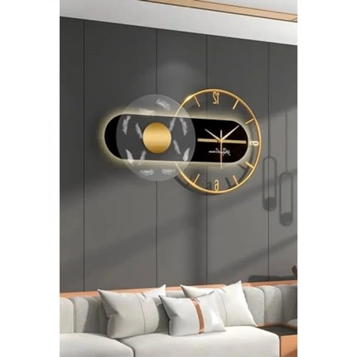 Dekoratif Metal Ahşap Duvar Saati, Gold Siyah, 40x70 cm