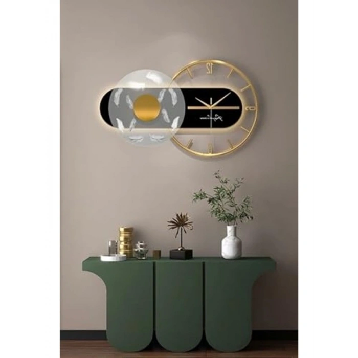 Dekoratif Metal Ahşap Duvar Saati, Gold Siyah, 40x70 cm