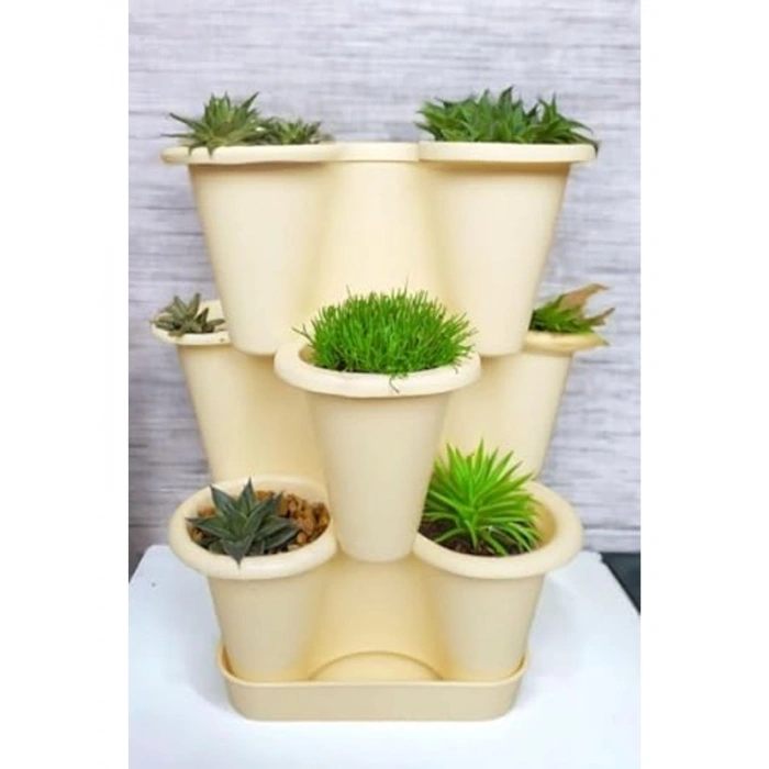 Dekoratif Saksı Seti, 3 Katlı Şanslı Yonca Tasarımı, 26.5 cm