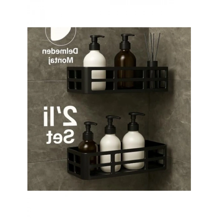 Delmeden Montaj Yapışkanlı Paslanmaz Duş Rafı Seti (2 Adet)