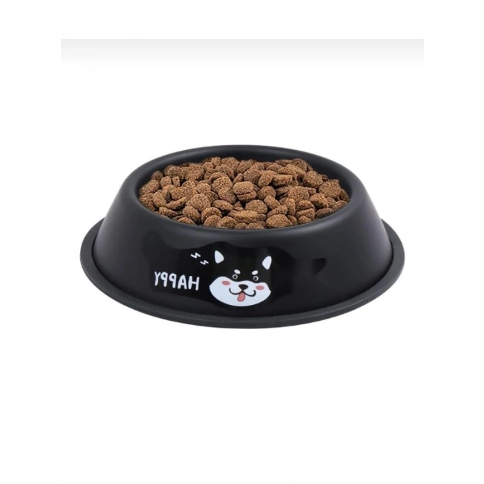 Desenli Paslanmaz Çelik Mama ve Su Kabı - 15 cm (Siyah)