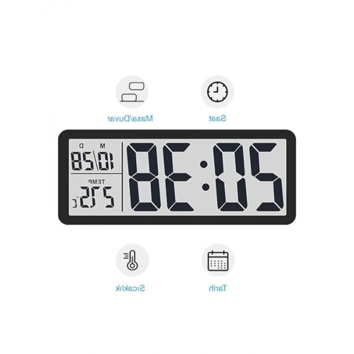Dijital Duvar Saati, LCD Ekran, 20x8 cm, USB Pilli