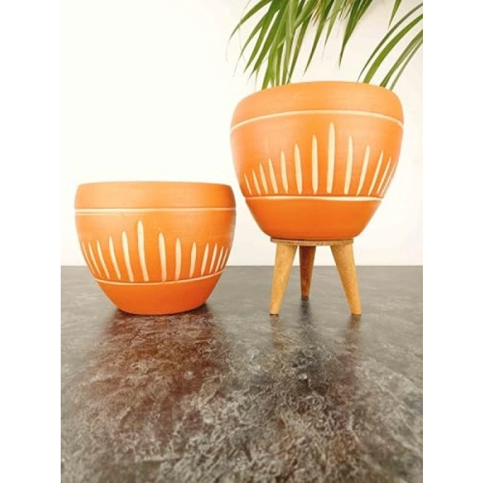 Dik Çizgi Desenli Terrakota Toprak Saksı - İkili Set - 15 cm - Ayaksız