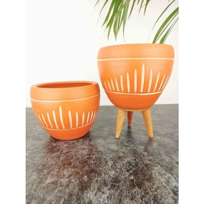 Dik Çizgi Desenli Terrakota Toprak Saksı - İkili Set - 15 cm - Ayaksız