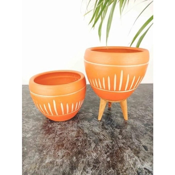 Dik Çizgi Desenli Terrakota Toprak Saksı - İkili Set - 15 cm - Ayaksız