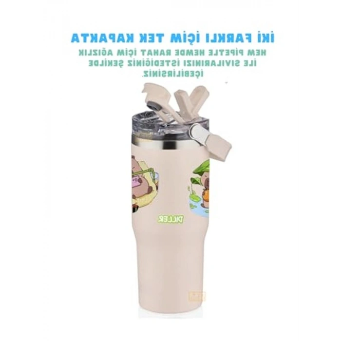 Diller 950ml Sevimli Kapibara Tumbler Pipetli/Pipetsiz Kullanım Kulplu Paslanmaz Çelik Capybara Termos