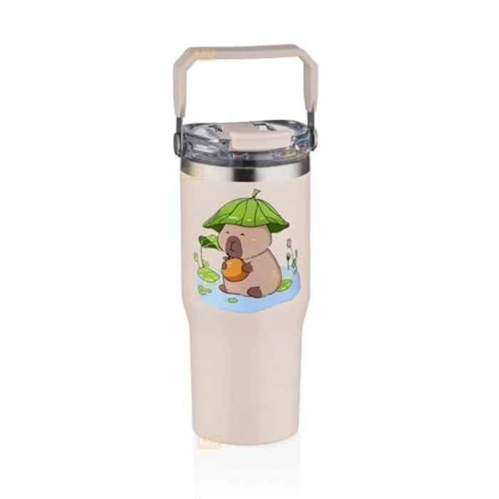 Diller 950ml Sevimli Kapibara Tumbler Pipetli/Pipetsiz Kullanım Kulplu Paslanmaz Çelik Capybara Termos
