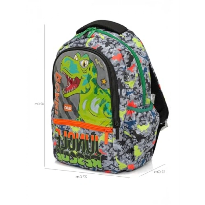 Dinazor Baskılı Erkek Çocuk Üçlü Okul Çanta Seti - Gri-Yeşil