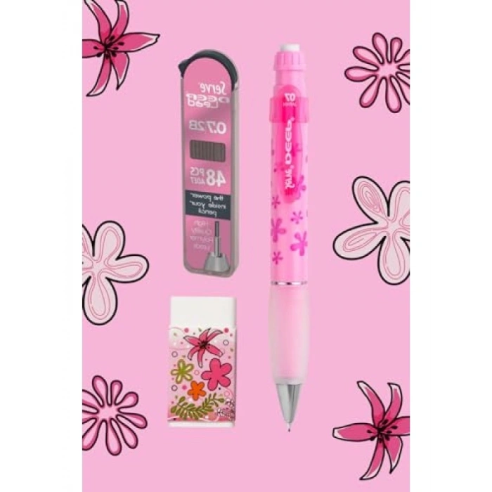 Doğa Desenli 0.7 mm Kalem Seti, Şeker Pembe - 3lü Set (Kalem, Silgi, Min)