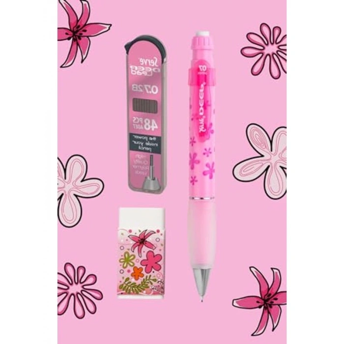 Doğa Desenli Deep Kalem, Deep Silgi ve Deep Min, 0.7 mm, Şeker Pembe