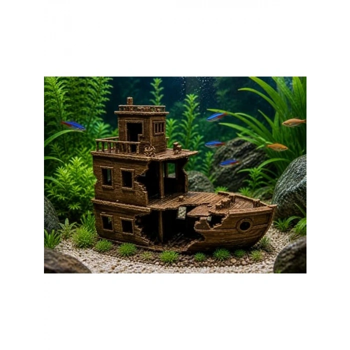 Doğal Akvaryum Dekoru - Batık Gemi Süsü, Büyük Boy