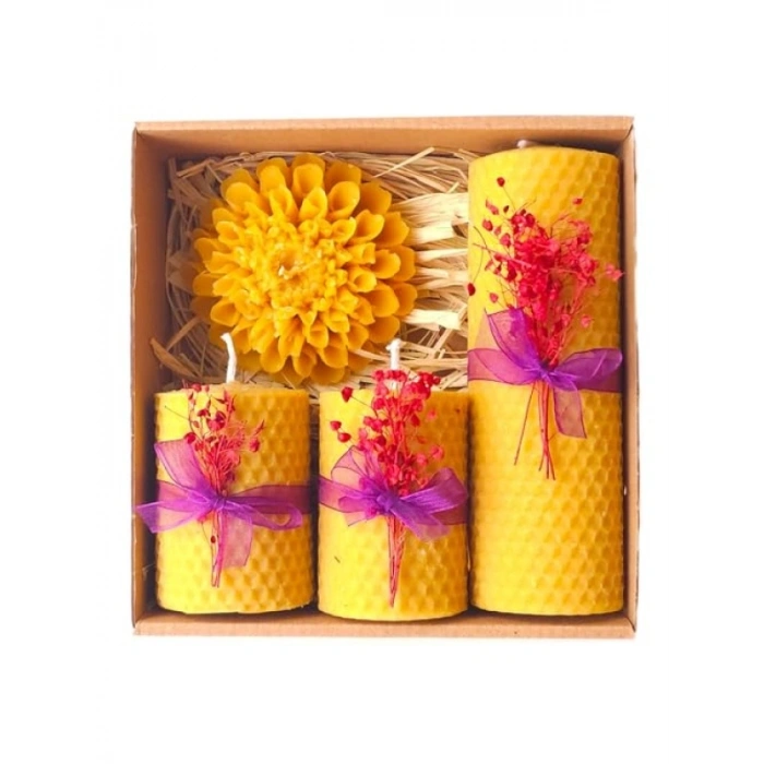 Doğal Balmumu Mum Seti - 4 Lü Çiçekli