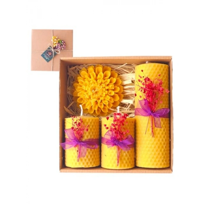 Doğal Balmumu Mum Seti - 4 Lü Çiçekli