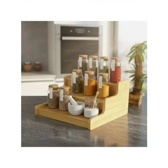Doğal Bambu 3 Katlı Baharatlık Rafı, Çok Amaçlı Mutfak ve Banyo Organizer