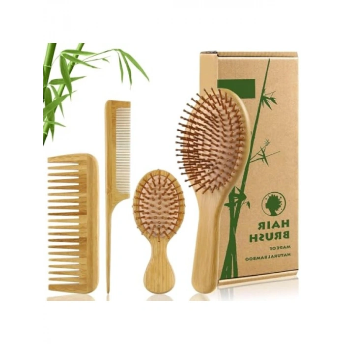 Doğal Bambu Fırça ve Tarak Seti - 4 Adet