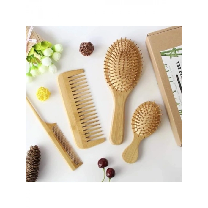 Doğal Bambu Fırça ve Tarak Seti - 4 Adet