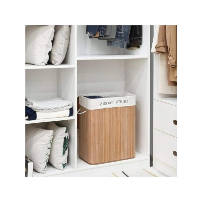 Doğal Bambu Katlanabilir Kirli Çamaşır Sepeti - 2 Bölmeli