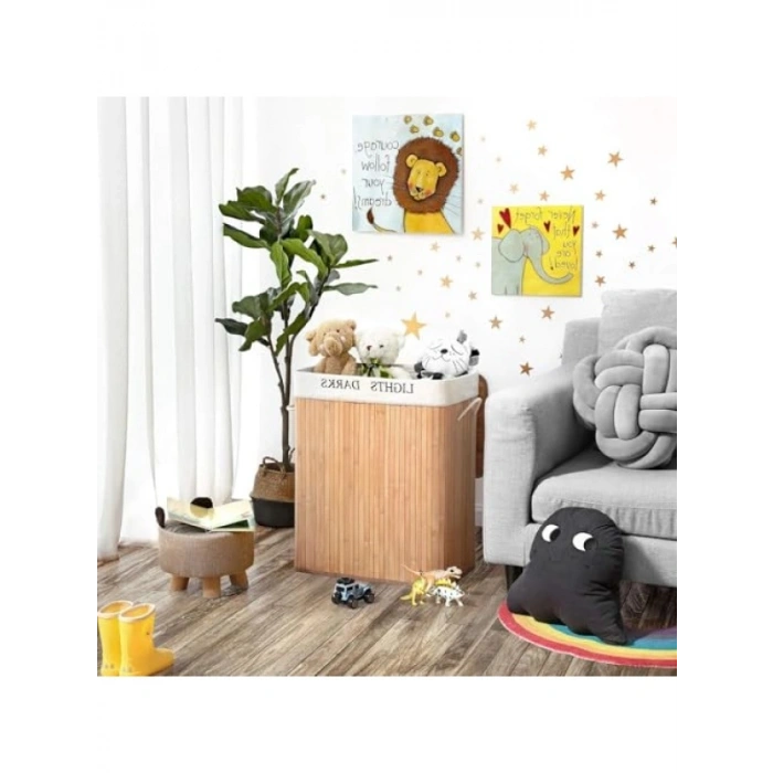 Doğal Bambu Katlanabilir Kirli Çamaşır Sepeti - 2 Bölmeli