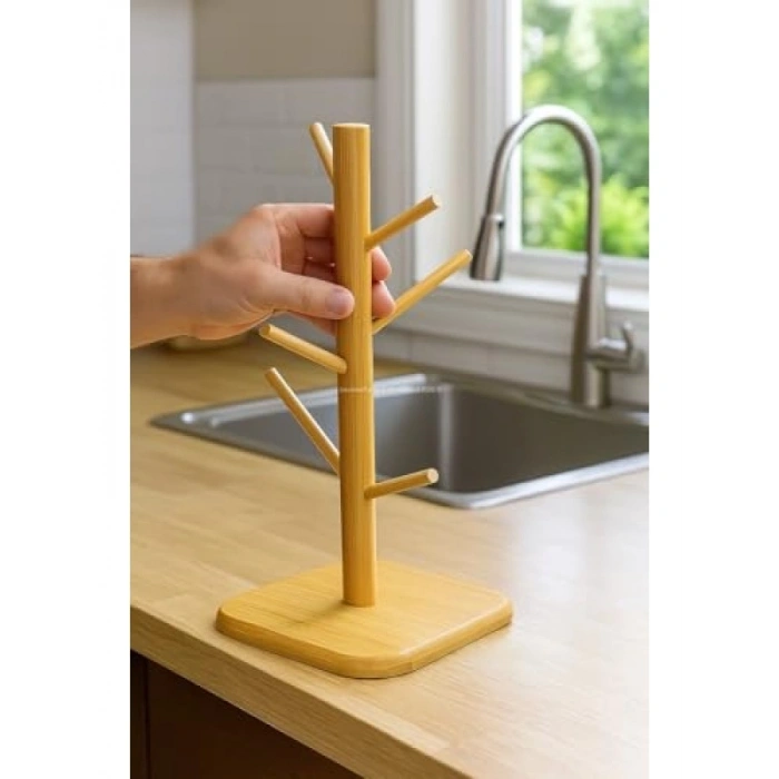 Doğal Bambu Kupa Bardak Askısı, 6lı Stand