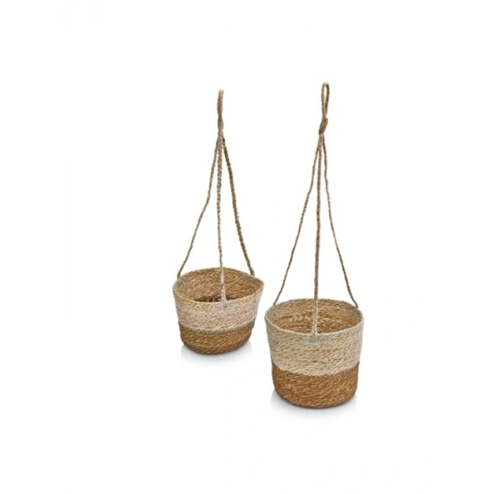 Doğal Hasır Saksılık Seti, 2li Asılabilir Yuvarlak Saksı