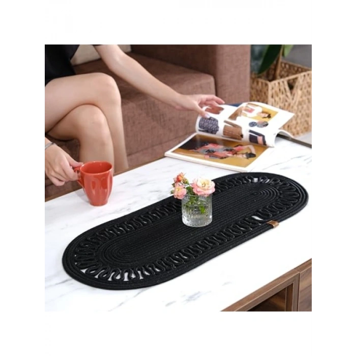 Doğal Jüt Dokuma Masa Örtüsü, 30x70 cm, Siyah