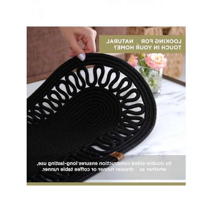 Doğal Jüt Dokuma Masa Örtüsü, 30x70 cm, Siyah