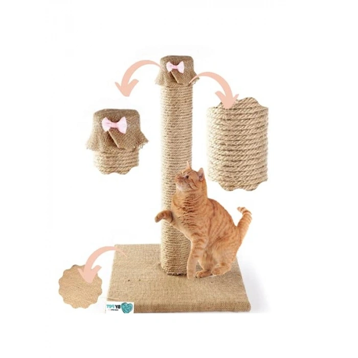 Doğal Jüt Halatlı Kedi Tırmalama Direği, Pembe Papyon