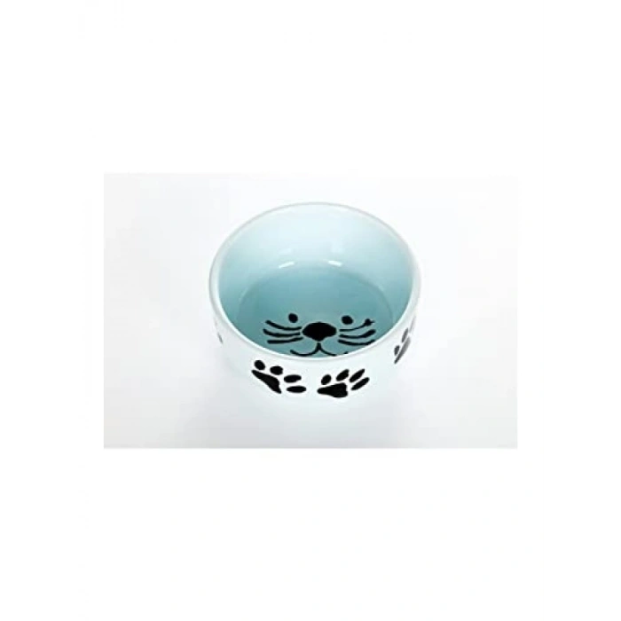 Doğal Seramik Kedi Mama ve Su Kabı - Mavi Renk, 2li Set
