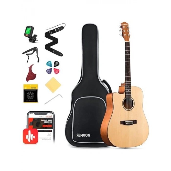 Doğal tonlu dreadnought akustik gitar paketi, kaliteli ses deneyimi
