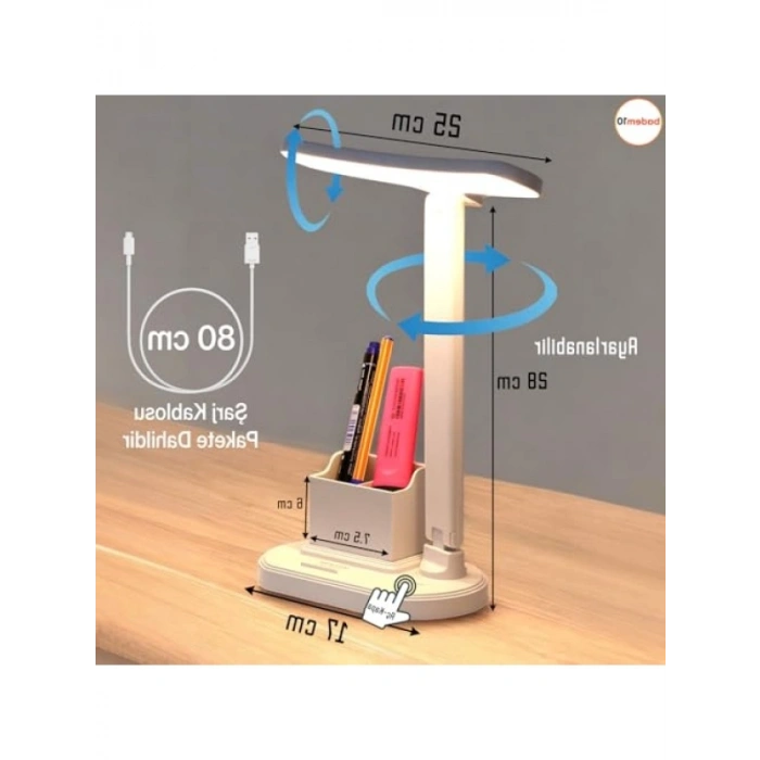Dokunmatik Kademeli Şarjlı Masa Lambası, 10W, 3 Renkli, Telefon Tutucu