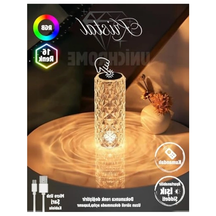 Dokunmatik Sensörlü RGB Gece Lambası, Şarj Edilebilir Masa Lambası ile Kristal Elmas Tasarım