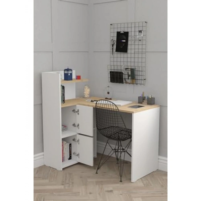 Dolaplı Kitaplıklı Çalışma Masası, L Şeklinde Tasarım